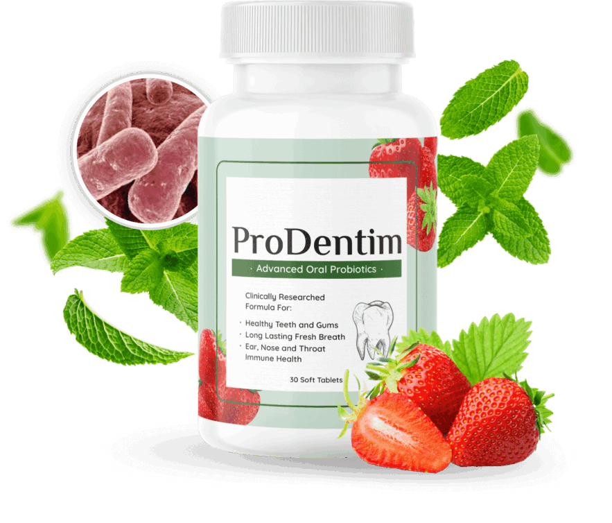 ProDentim supplement bottle with probiotic chewable tablets for oral health support